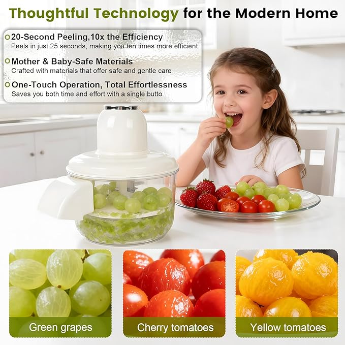 Automatic Grape Peeler Machine, Electric Garlic Peeler & Cherry Tomato Skin Remover Tool for Small Fruits, Efficient Peeling Kitchen Gadget for Home Use (White)