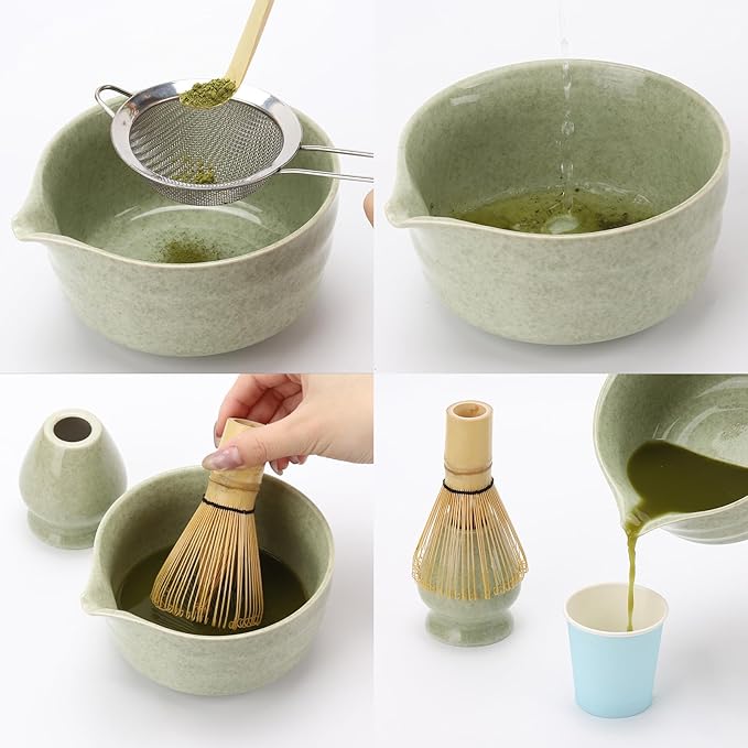 6Pcs Matcha Whisk Set With Bamboo Whisk(120-Prong) and Ceramics Holders and Bowl,Scoop,Stainless Steel Sifter for Women Christmas Birthday Gifts