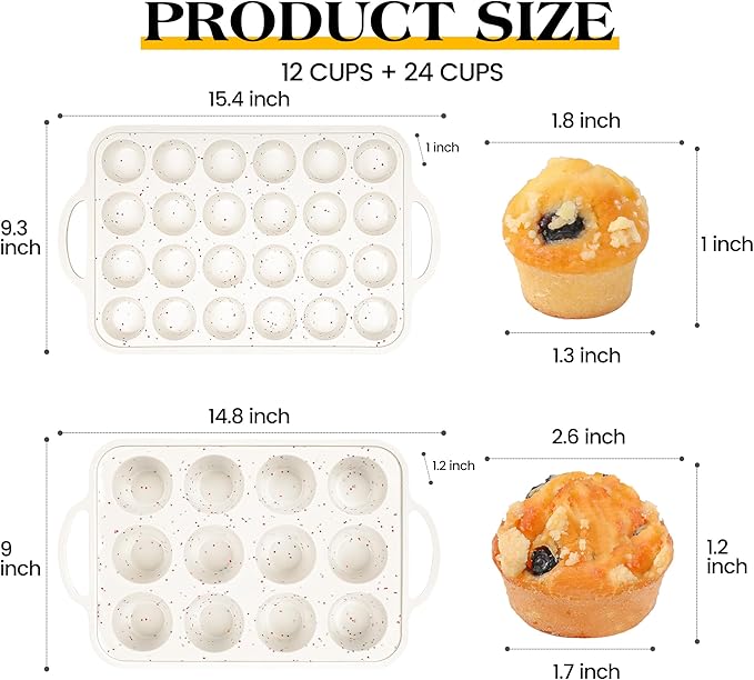 Regular 12 Cup and Mini 24 Cup Nonstick Cupcake Pan Set Silicone Muffin Pan for Baking Silicone Cupcake Mold with Metal Reinforced Frame BPA Free (2 Pcs, Cream)
