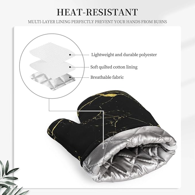 Marble Gold Black Oven Mitts and Pot Holders Sets of 4, Heat Resistant Silicone Oven Mittens and Potholders Gloves Hot Pads for Kitchen Cooking Baking Grilling BBQ Chef