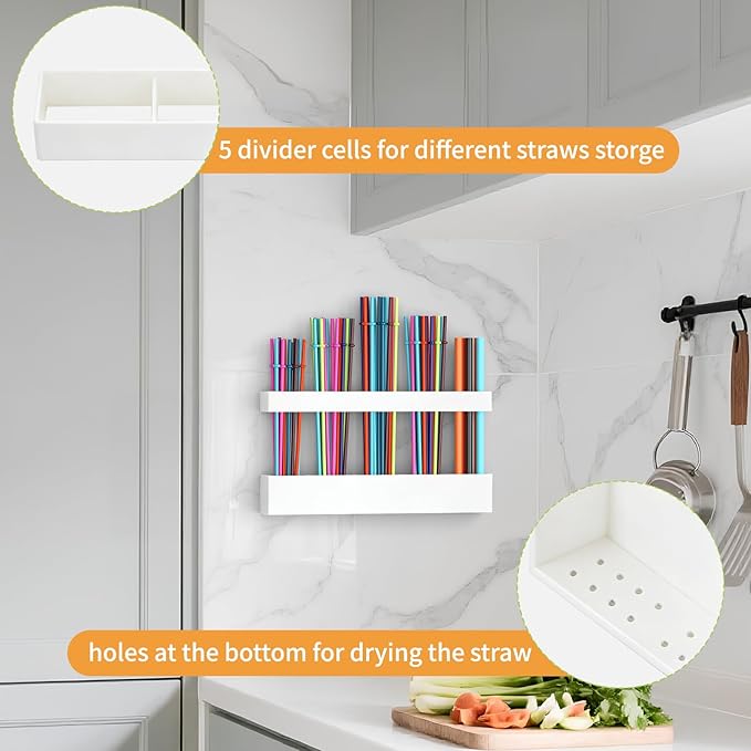 Straw Holder for Cabinet Door, Reusable Tumbler Straw Organizer Storage Container Mount for Kitchen Counter Cupboard Door (White, 9.5inch)