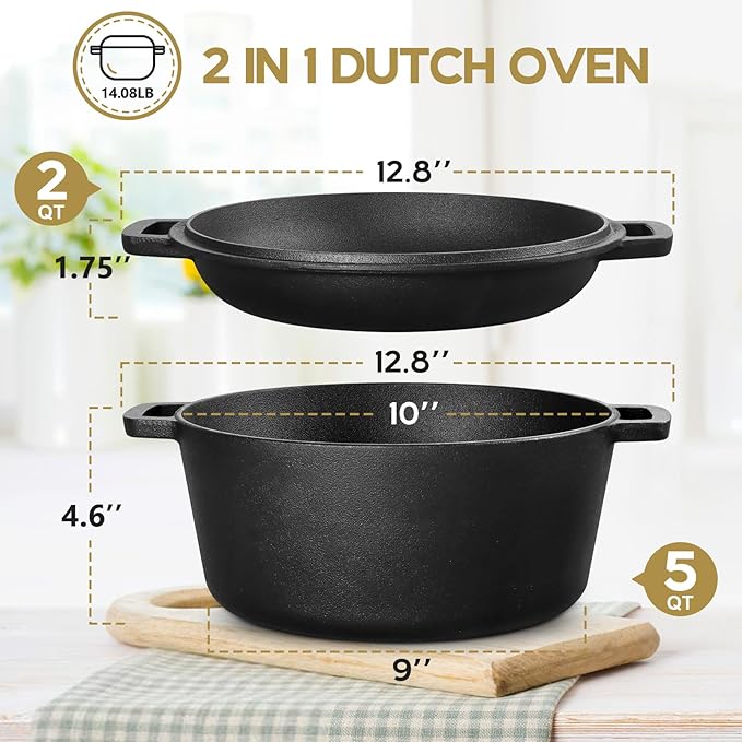 TeamFar Pre-season Cast Iron Dutch Oven with Skillet Lid, 2-in-1 Cast Iron Bread Pan Skillet Cookware with Dual Handles for Bread Baking, Frying, Camping, 5QT
