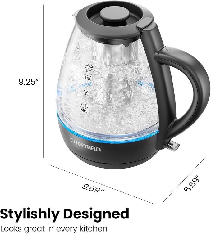 Chefman Electric Kettle with Tea Infuser, 1.7L 1500W, Removable Lid for Easy Cleaning, Boil-Dry Protection, Stainless Steel Filter, BPA Free, Auto Shut Off Hot Water Boiler, Glass Electric Tea Kettle