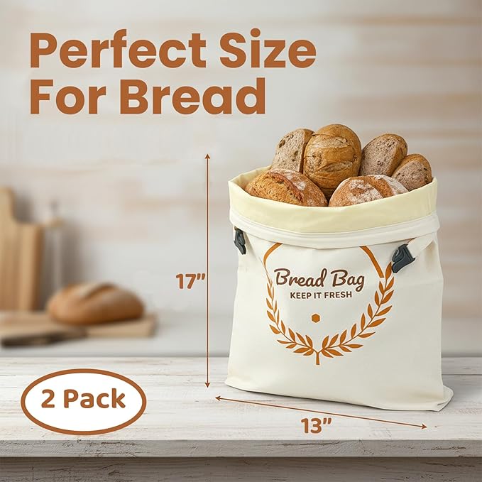 PIPI&TITI Reusable Beeswax Bread Bags for Homemade Bread (2-packs),Zippered Bread Bag for Sourdough Bread Storage,17x12.6 inches Food Storage,Portable Beeswax Cotton Bag,Freezer Friendly