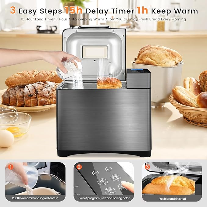 KBS 710W 2LB Bread Maker Dual Heaters, 17-in-1 Stainless Steel Bread Machine with Healthy Ceramic Pan, Automatic Nut Dispenser, Tempered Glass Touch Panel, 3 Crust Colors, 15H Timer& Keep-Warm,Recipes