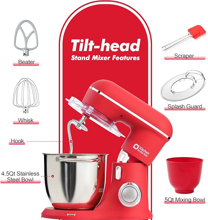 Kitchen in the box Stand Mixer, 4.5QT+5QT Two bowls Electric Food Mixer, 10 Speeds 3-IN-1 Kitchen Mixer for Daily Use with Egg Whisk,Dough Hook,Flat Beater (Matte Red, 5QT)