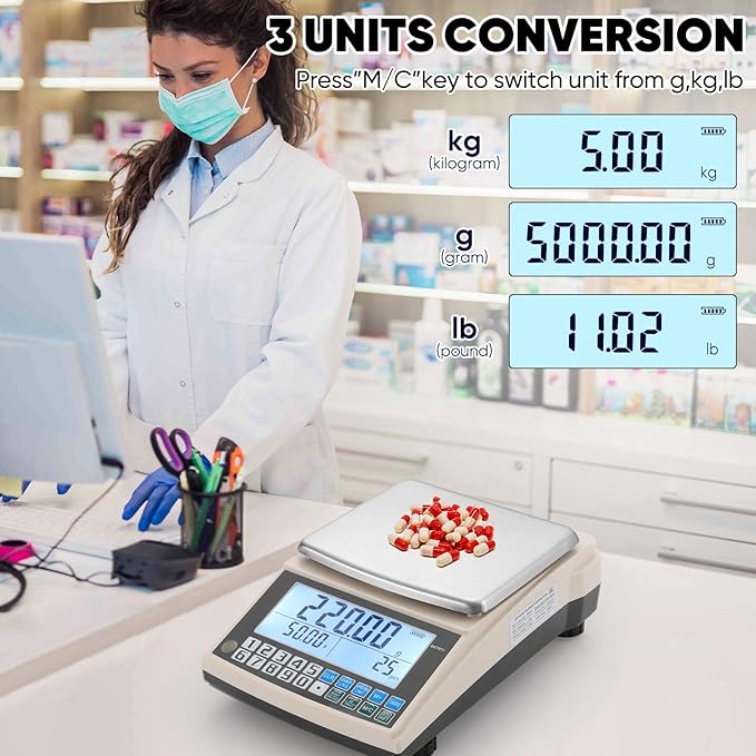 Lab Scale 5000gx0.01g High Precision Lab Gram Counting Scale with RS232 Port & Calibration Weight & Battery, Lab Analytical Balance Scientific Electronic Scale for Kitchen, Jewelry, Gold, Industrial