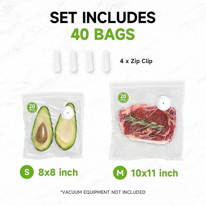 Vixino Vacuum Sealer Bags, 40 Reusable Vacuum Sealer Bags for Food, BPA-Free, Meal Prep and Sous Vide Cooking,Works for Handheld Sealer and Vac Sealer Machine with External Vacuum Systems