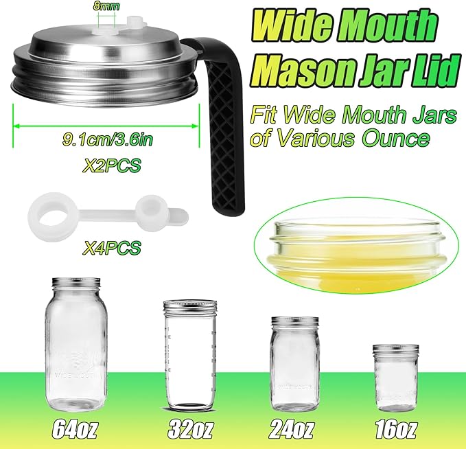 Palksky Mason Jar Lids with Straw Hole Wide Mouth, Stainless Steel Drinking Lid with Handle & Silicone Rings, Spill-Resistant Mason Jar Straw Lid for Iced Coffee, Juice, Lemonade (2 Packs)