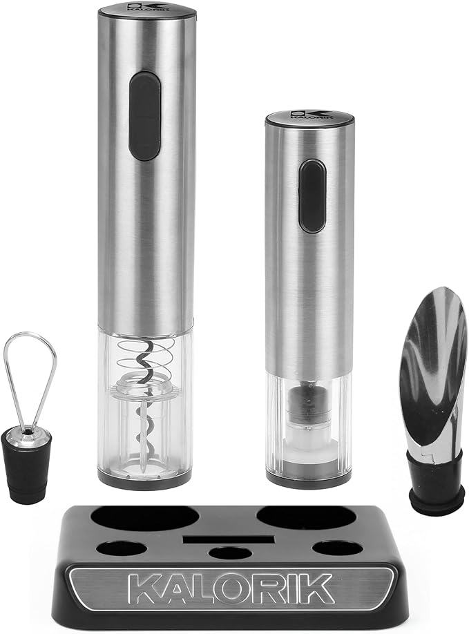 Kalorik Electric Wine Opener Wine Lovers Set Includes Bottle Opener Wine Pourer Preserver and 2 Stoppers Foil Cutter and Charging Base, Stainless Steel