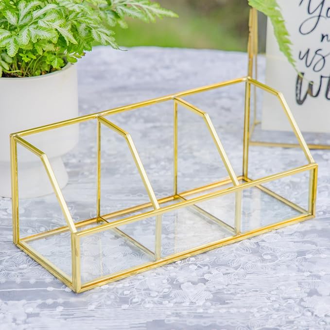 NCYP Glass Tea Bags Organizer with 3 Slots, Brass Open Display Case, Kitchen Cabinet Gold Decor Box, Indoor Counter Teabag Storage Rack, 8.7 x 3.6 x 3.6 Inches (Glass Box Only)
