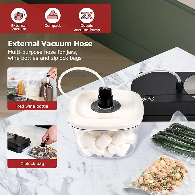 Vacuum Sealer Machine for Food, 65KPA Powerful Compact Vacuum Air Food Sealer with Built-In Cutter & Starter Kit, One-Touch Operation, Moist/Dry/Pulse/Canister All Food Modes LED Indicator