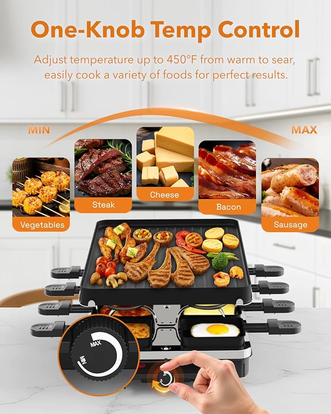 HBN Electric Raclette Table Grill with 8 Warming Trays, 2-in-1 Korean BBQ Grill & Electric Griddle Nonstick, Adjustable Temperature Control,1300W, Great for Indoor Family Gatherings, Parties & Dining