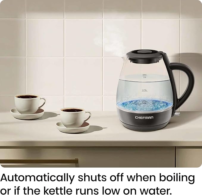 Chefman Electric Kettle with Tea Infuser, Compact 1L (4 Cups), 1500W, Removable Lid for Easy Cleaning, Boil-Dry Protection, Stainless Steel Filter, BPA Free, Auto Shut Off, Small Electric Tea Kettle
