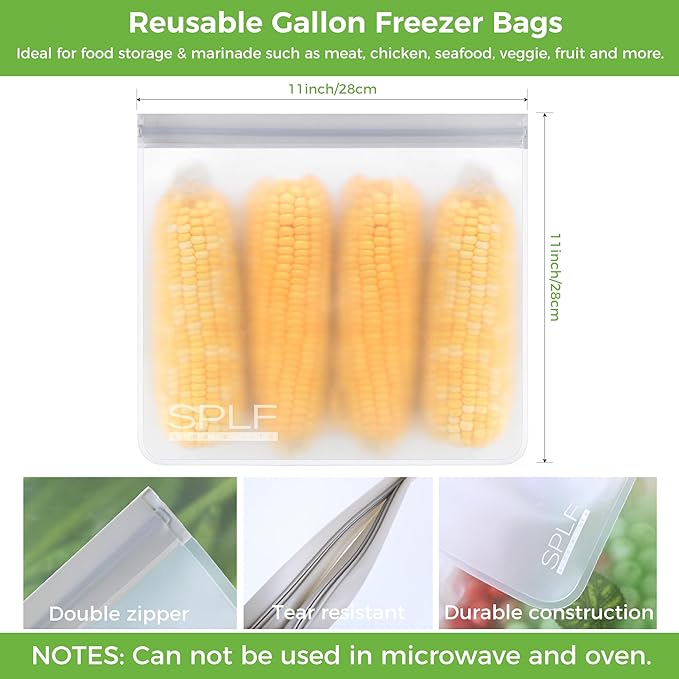 SPLF 6 Pack Reusable Gallon Freezer Bags Dishwasher Safe, BPA FREE Reusable Food Storage Bags, Extra Thick Leakproof Silicone Free 1 Gallon Bags for Marinate Meat, Cereal, Sandwich, Snack, Travel Item