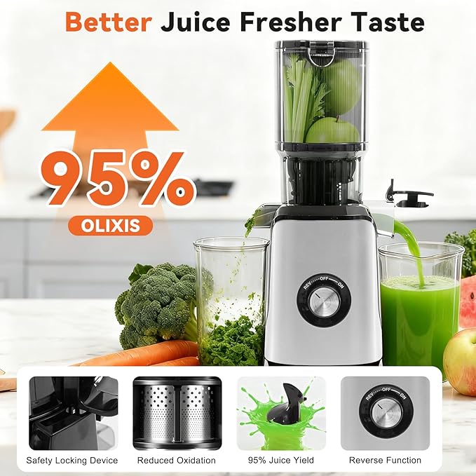 OLIXIS Cold Press Juicer, Masticating Juicer Machines with Wide Feed Chute, High Juice Yield and Easy to Clean for Whole Vegetables & Fruits, Silver