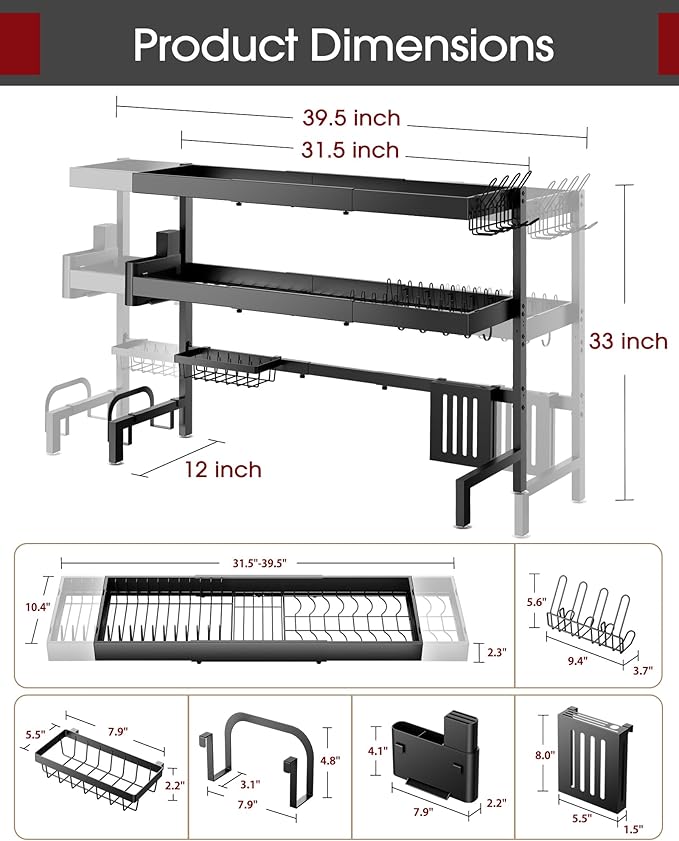 Sakugi Over The Sink Dish Drying Rack, Expandable 3-Tier Stainless Steel Kitchen Storage Organization Accessories for Countertop, Rustproof & Space-Saving, 31.5"–39.5" L x 12" W x 33" H, Black