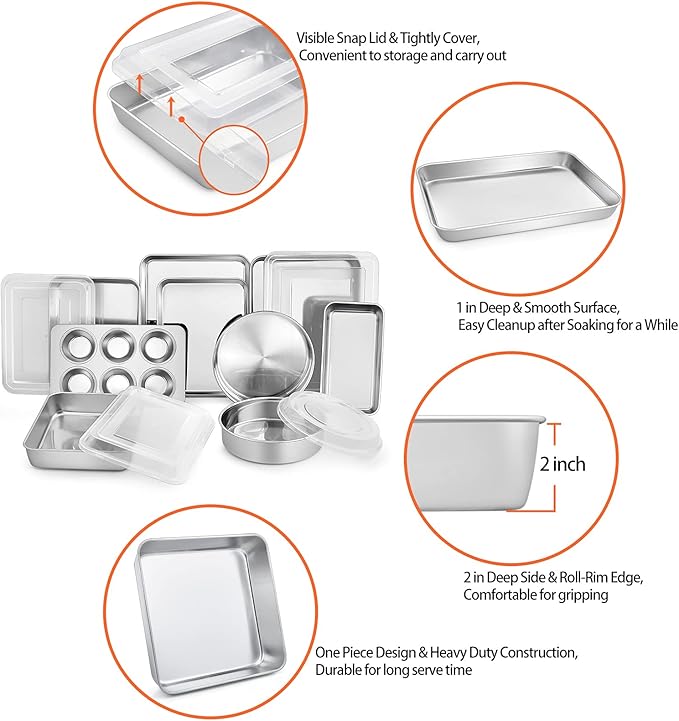 TeamFar Stainless Steel Bakeware Set, 13-Piece Metal Baking Roasting Pans with Lid, Rectangular/Square/Round/Lasagna/Loaf/Muffin Cake Pans, Non-Toxic & Sturdy, Smooth & Dishwasher Safe