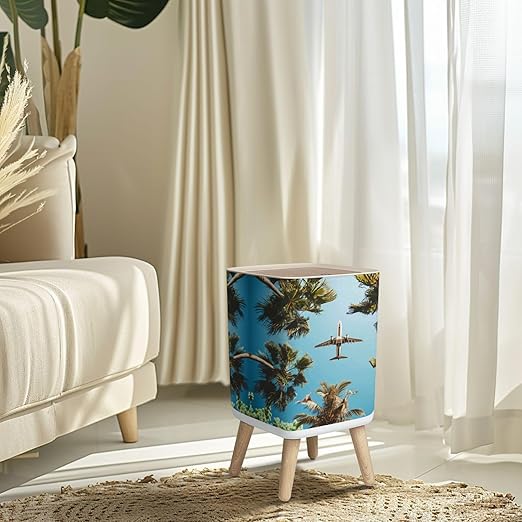 Small Trash Can with Lid Airplane Flight Tropical Vacations Wastebasket with Press Cover Dog Proof Garbage Can Waste Bin for Kitchen Bathroom Nursery 2.6 Gallon