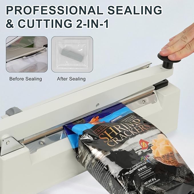 Impulse Heat Sealer with Sealing Bar: Heavy-Duty Bag Sealer with Extra Cutting Blade (White, 12-Inch)