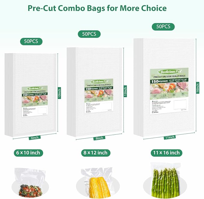 Beelicious Pro Vacuum Sealer Bags for Food Storage 150 Gallon 11" x 16" and Quart 8" x 12" and Pint 6" x 10", with BPA-Free, Commercial PreCut Vacuum Seal Bags for Sous Vide & Seal a Meal