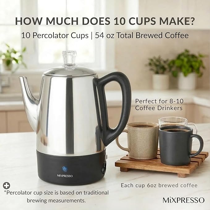 Mixpresso 10 Cup Percolator Coffee Pot Electric, Stainless Steel Coffee Percolator Electric With Keep Warm Function, Classic Perculator Pot With Removable Basket for Home or Office