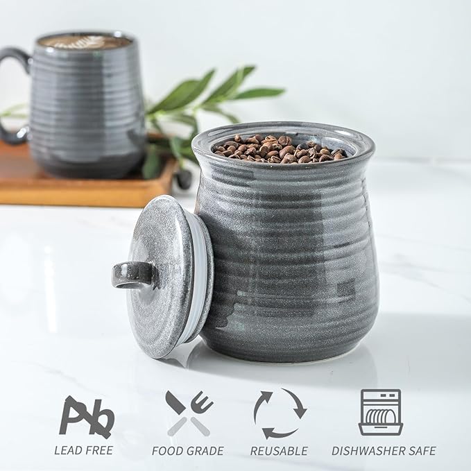 HASENSE Food Storage Contaister with Lid, Ceramic Airtight Sugar Canister for Kitchen, Small Coffee Cookie Jar for Grounds Coffee, Beans, Tea, Flour, Cereal, 30 FL OZ(Grey)