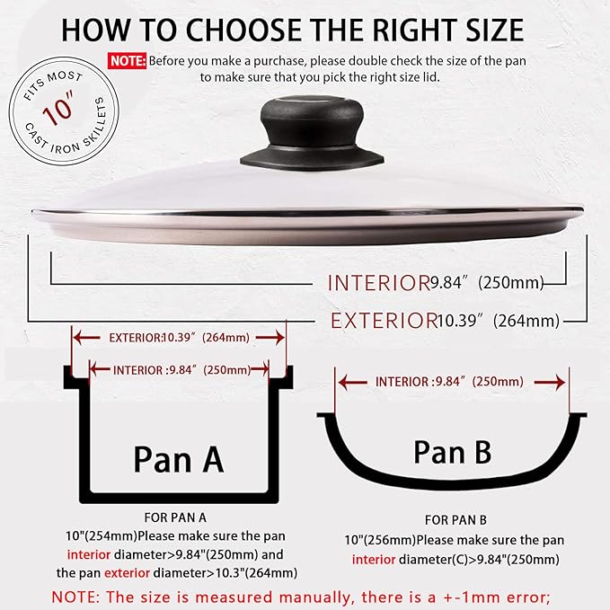 10 Inch Tempered Glass Lid Compatible with Lodge Skillets, Caraway Frying Pan, OXO Obsidian Fry Pan Skillet, Pan Lid, Pot Cover, Dutch Ovens and Other 10-10.25" Cookware