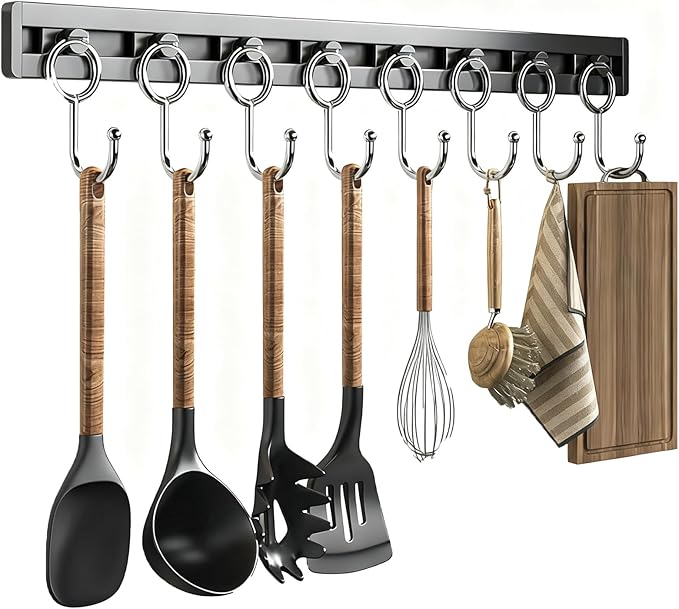 Kitchen Utensil Hooks and Adhesive Hooks are Suitable for Hanging Wall Hooks, Saving Space and eliminating The Need for Drilling (Black, 8 Hooks)