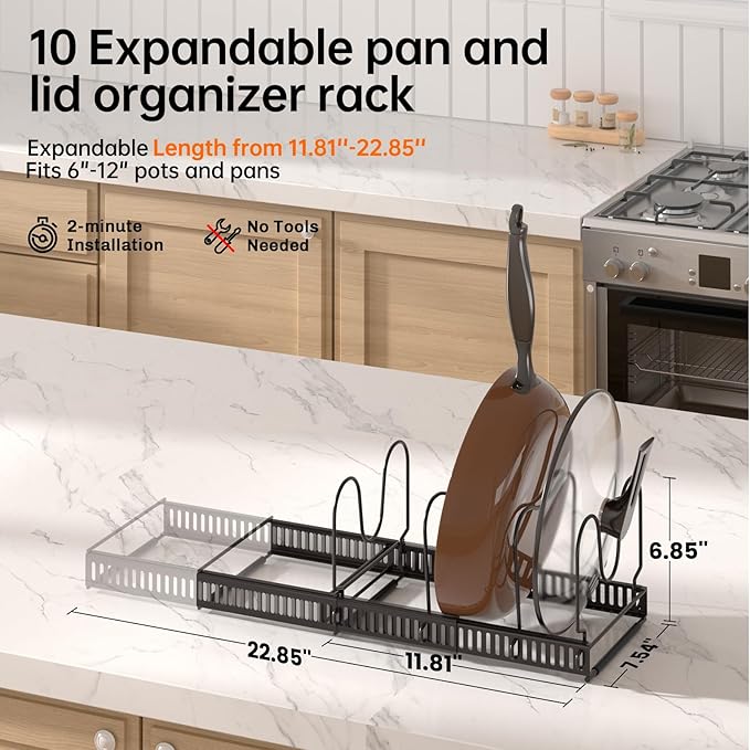 MUDEELA Pots and Pans Organizer Rack for under Cabinet, Expandable Pot Lid Kitchen Cabinet Organizer Holder with 10 Adjustable Compartment Cutting Board Organizer for Pan Lid Cookie Sheet Rack, Bronze