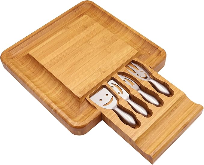 Sarolta Homewares Bamboo Cheese & Sushi Cutting Board and Platter with Brushed Stainless Steel Cutlery Set - 10 Sets
