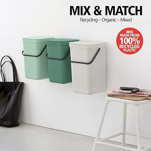 Brabantia Sort & Go Kitchen Recycling Bin | M / 6.6 Gal / 25L | Dark Gray | Removable Stay-Open Lid, Carry Handle | Trash Can for Bottles, Cans, Paper, Glass | Wall-Mounting Bracket Sold Separately