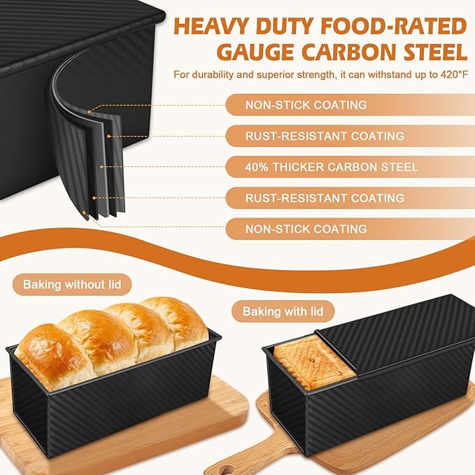 2Pack Large Bread Pan with Lids – 2.2LB Dough Capacity, Non-Stick Carbon Steel Bread Pans for Homemade Sandwich and Sourdough Bread, Corrugated Toast Mold (Black)