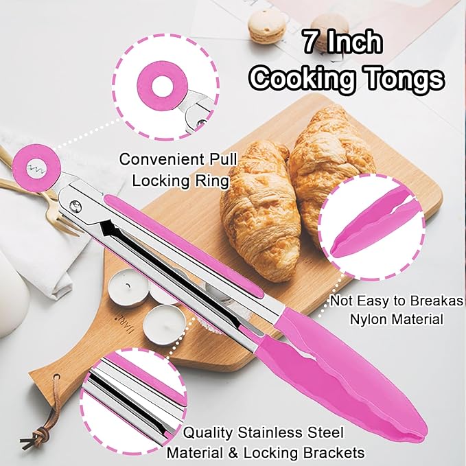 7 Pack Kitchen Tongs,Cooking Tongs with Stainless Steel Silicon Handles and Nylon Tips,7 Inch Stainless Steel Tongs,Heat Resistant Non-Stick BBQ Tongs with Locking, for Cooking Grilling Salad