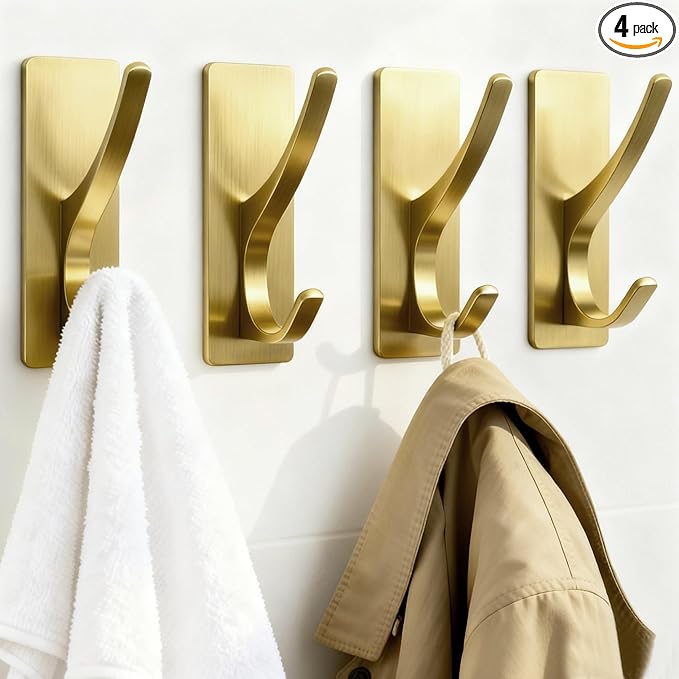 pickpiff Brushed Gold Self Adhesive Coat Hooks for Hanging: 13LB Extra Strong Stainless Wall Hook for Towel, Utensil, Backpack, Hat, Sturdy Metal Hanger for Bathroom, Kitchen, Door, 4-Pack