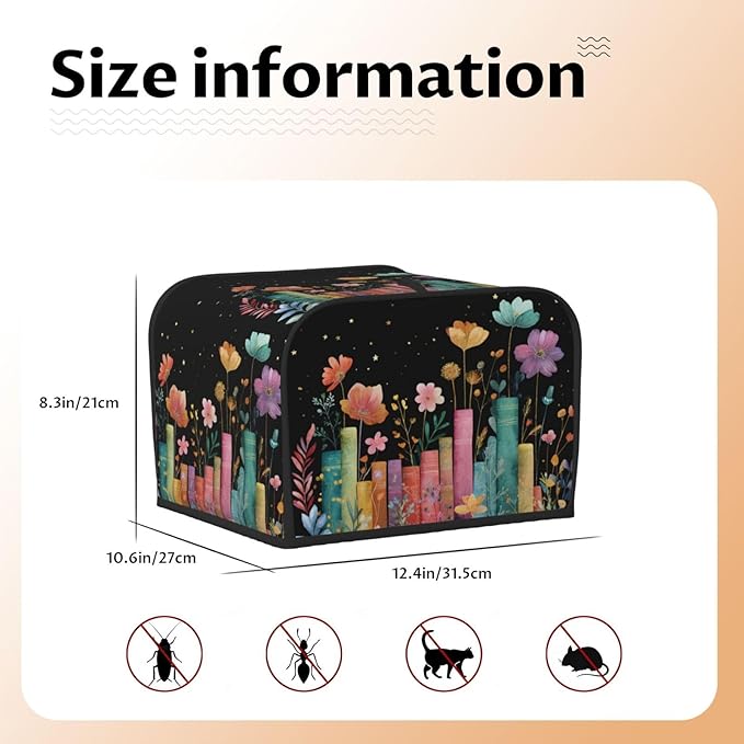 Toaster Cover 4 Slice Books Flower Botanical Kitchen Small Appliance Covers with Pockets Dust and Fingerprint Protection