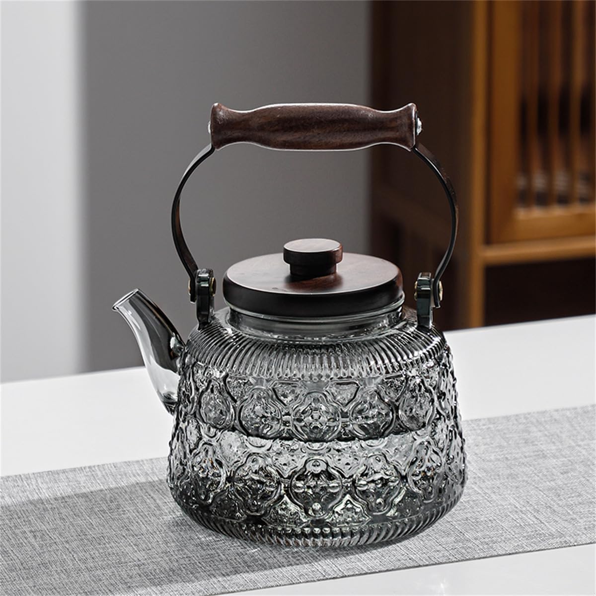 IwaiLoft Stovetop Safe Glass Teapot with Malus Spectabilis Pattern Removable Infuser Fine Borosilicate Tea Pot perfect for Fruit Flowering Tea Canister Premium Quality Tea Kettle Gift(Gray)
