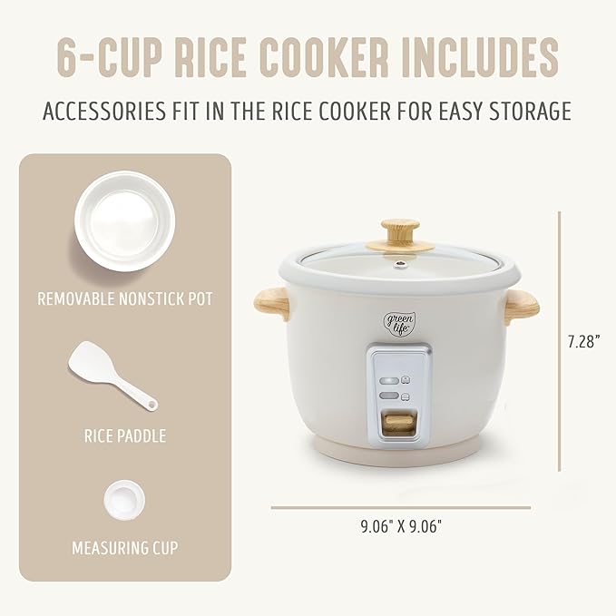 GreenLife Rice Cooker with Removable PFAS-Free Ceramic Nonstick Pot, 3-Cups Uncooked/6-Cups Cooked, Grains & Oatmeal Multicooker, Compact One-Switch Design, Auto Keep Warm, Easy Clean, Cream