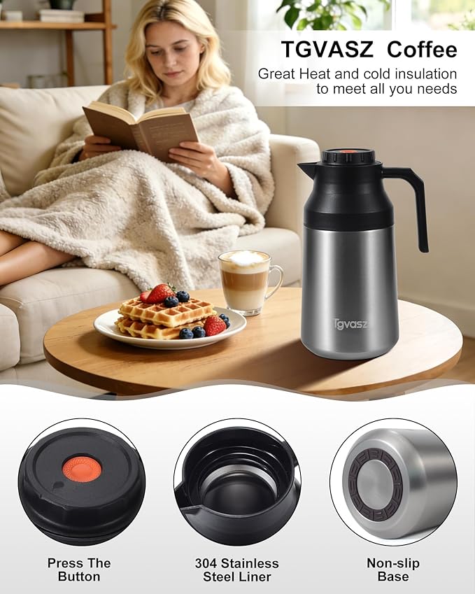 2 PCS Thermal Coffee Carafe Insulated Stainless Steel Coffee Carafe for Hot Liquid Vacuum Thermal Pot Creamer Pitcher Dispenser with Brushes Keeping Hot Water Milk(Black/Silver 68 oz)