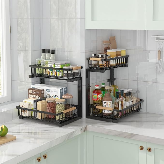 ADRIMER Under Sink Organizer 2 Packs, Pull Out Kitchen Sink Organizer, 2 Tier Slide Out Kitchen Organizers and Storage Bathroom Under Cabinet Storage Shelf, Black