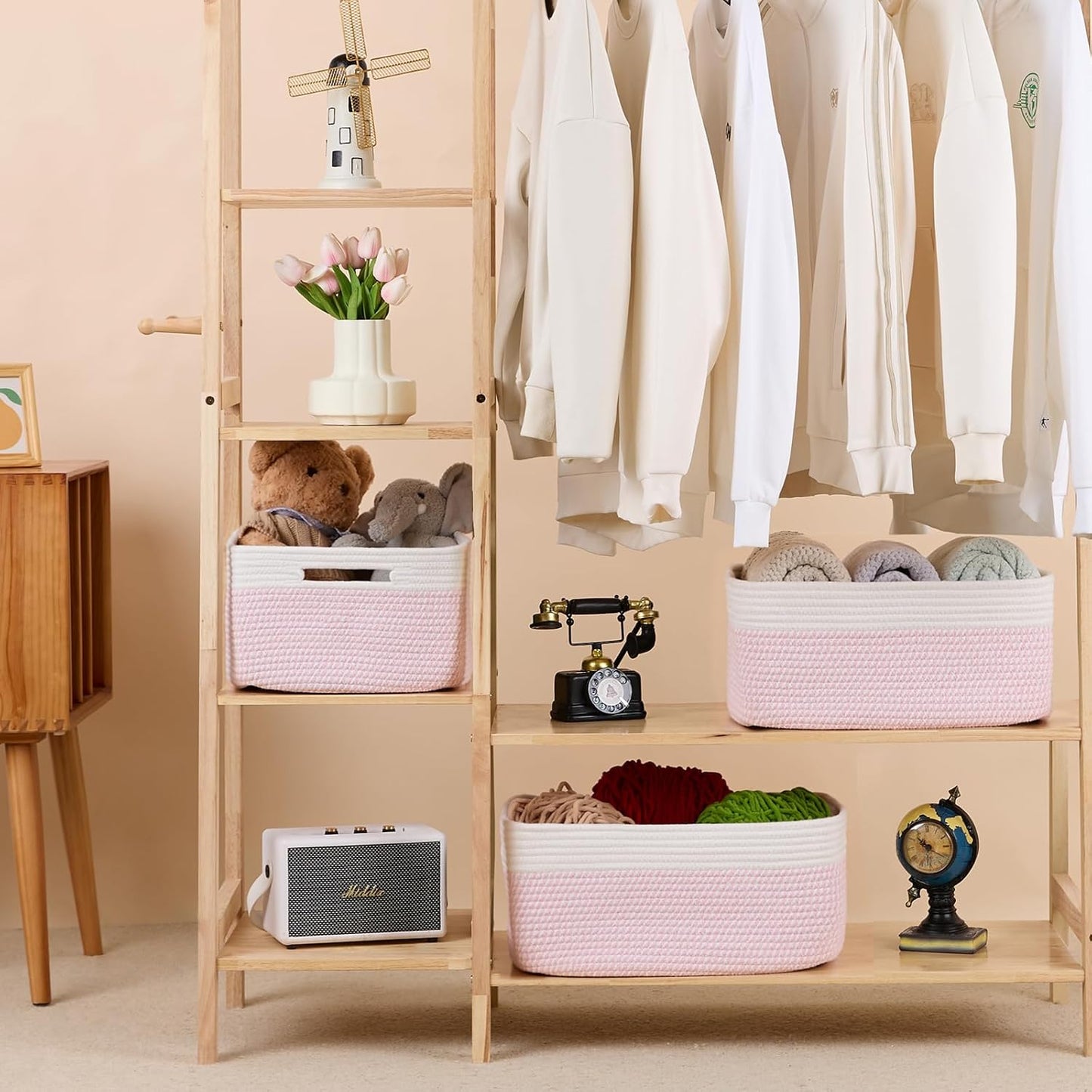 Large Storage Baskets for Shelves, Closet Organizers Bins for Clothes Blanket Towels, Baby Nursery, Toy Baskets Box, Woven Rope Baskets, 17 x 13 x 7.5”, 2 Packs Woven Pink