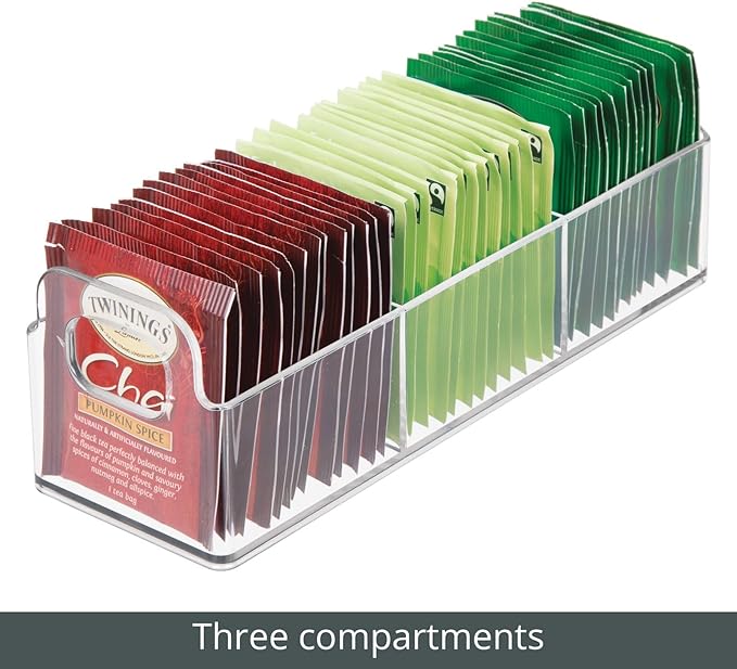 mDesign Plastic Condiment Organizer and Tea Bag Holder - 9" Long Kitchen Pantry/Countertop Storage Caddy - Divided Chip, Snack, Granola, Oatmeal Packet Holder - Lumiere Collection - 2 Pack - Clear