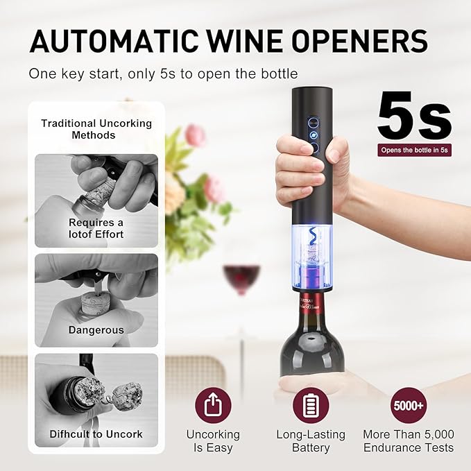 Electric Wine Opener, Rechargeable Cordless Wine Accessories, Stainless Steel Cordless Automatic Wine Bottle Corkscrew with Vacuum Stoppers, Foil Cutter for Home Party Wedding, Bars(Black)