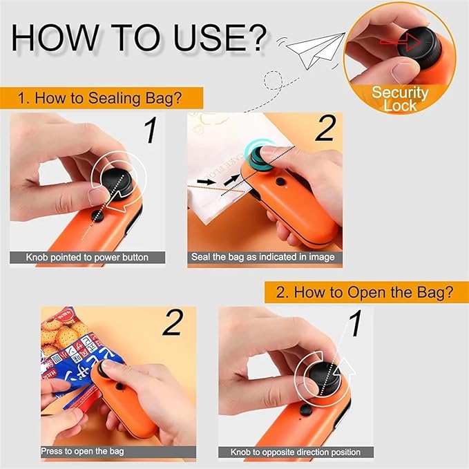 Mini Seale Portable 2-In-1 USB Rechargeable Mini Plastic Bag Heat Sealer In Black And White(2 Pack Black)