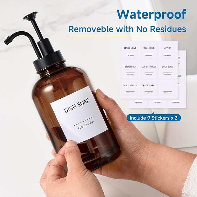 Glass Soap Dispenser with Pump, Dish and Hand Soap Dispenser for Kitchen Bathroom Set, Clear Glass Dispenser Set of 2 Pack with 18 Stickers Funnel Bamboo Tray 500ml 18oz Amber