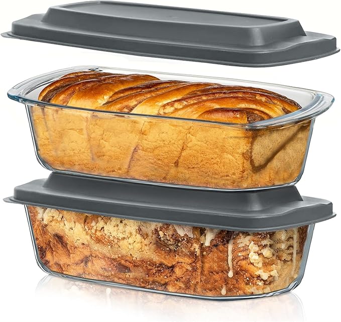 Razab LARGE 7.6 Cups/1800 ML/1.9 Qt Glass Loaf Pan with Lids (Set of 2) - Meatloaf Pan BPA free Airtight Lids Grip Handle Easy Carry, Microwave and Oven Safe - Loaf Pans For Baking Bread, Cakes