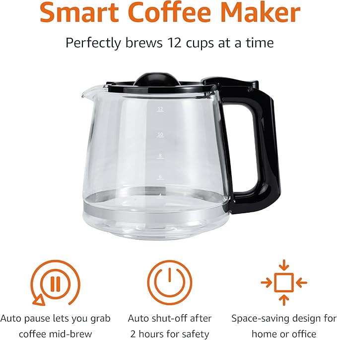 Amazon Basics 12 Cup Drip Coffee Maker with Glass Carafe (1.9 Qt), Auto Shut-off, Auto Pause, Removable Filter Basket, Black & Silver
