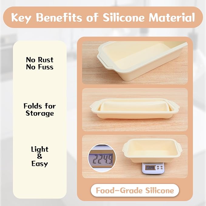 1 pc Silicone Bread Loaf Pans for Homemade Bread with Metal Frame, 9.5 x 5 Inch Non Stick Silicon Banana Loaf Pan for Oven, Silicone Baking Mold for Brownies,Sandwiches (Beige)