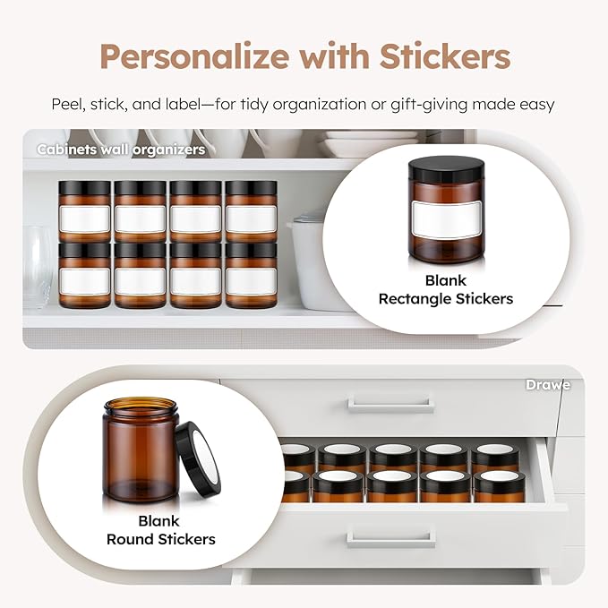 8 oz Amber Glass Jars with Lids, 12 Pack Amber Small Glass Jars with Black Lids, Lotion Container Empty Cosmetic Travel Containers for Sample, Cream, Lotion, Honey, Powder
