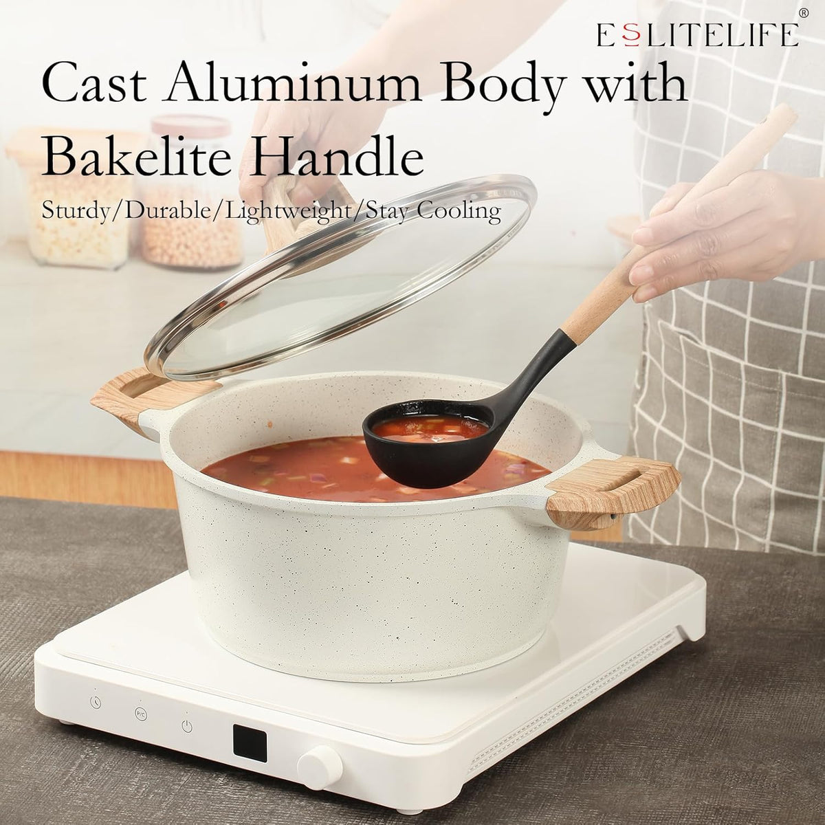 ESLITE LIFE Nonstick Stock Pot with Lid, 3 Quart Granite Casserole Small Soup Pot Pasta Cooking Pot, Induction Compatible, PTFE & PFOA Free, White
